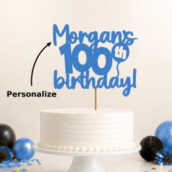 100th Birthday Personalized Glittering Blue Cake Pick